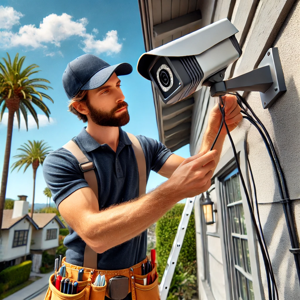 Professional technician installing a security camera in Los Angeles home.